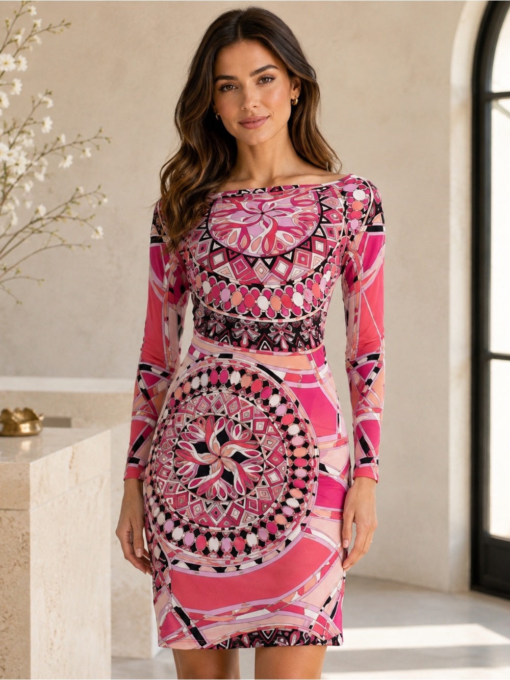 Emilio Pucci Dress Pink Geometric Print Long Sleeve IT 38 US 4 | Italy